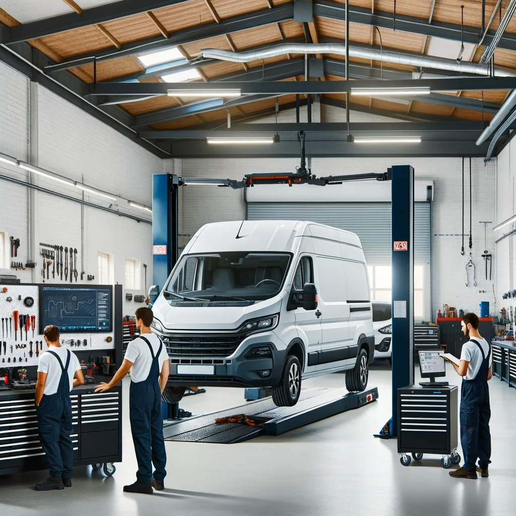 DALL·E 2023-11-03 13.56.26 - Photo of a spacious, well-lit vehicle service garage. Inside, a white, unbranded cargo van is elevated on a car lift, with mechanics working underneat